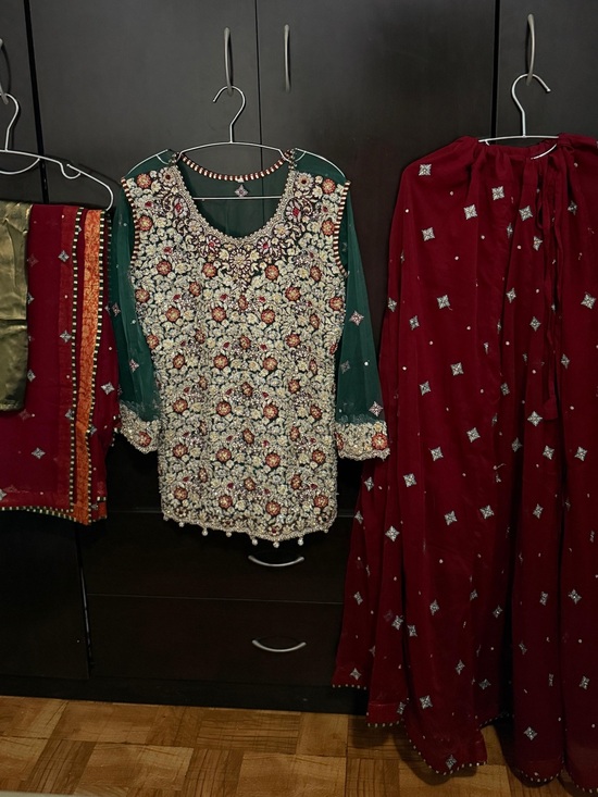 Salwar Kameez Dresses & Skirts - Salwar Kameez Embroidered Green Tunic with Maroon Dupatta